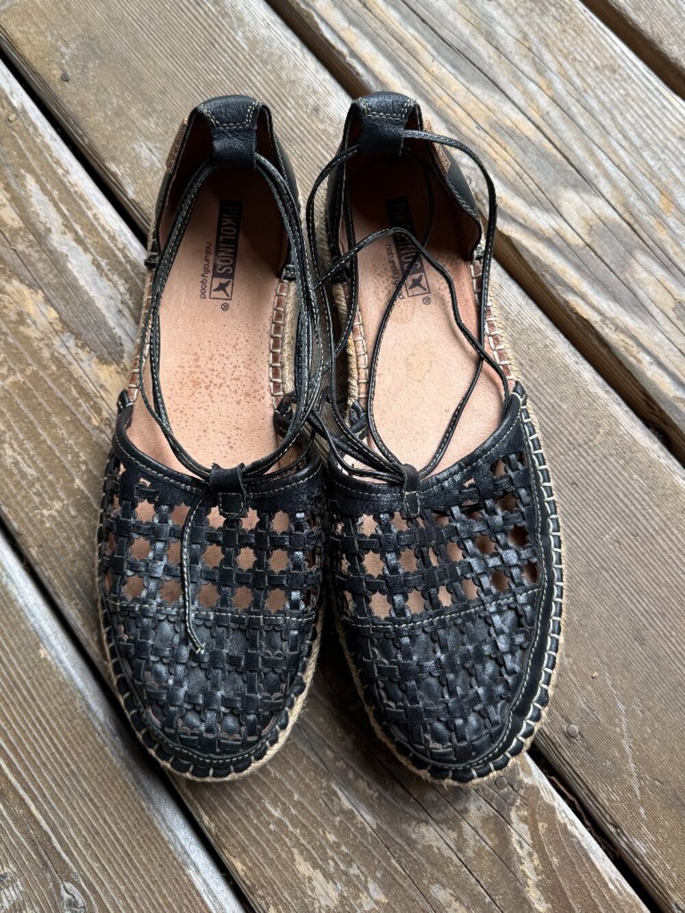 Pikolinos Cadamunt Black Woven Leather Espadrille Wrapped Flat Sandals - EU42/11